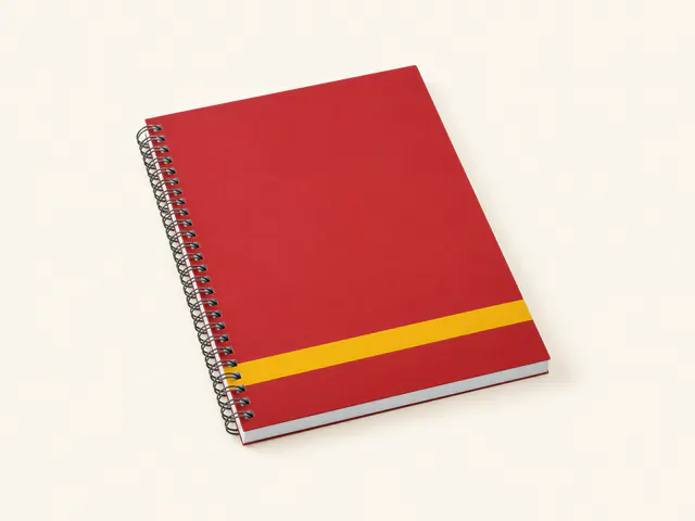 Caderno espiral vermelho com faixa amarela sobre fundo claro
